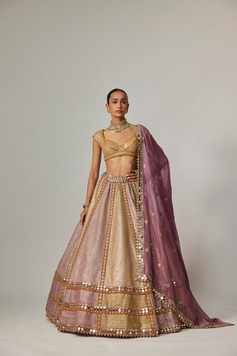 Mustard Multicolor Heavy Metallic Lehenga With Mud Mauve Dupatta